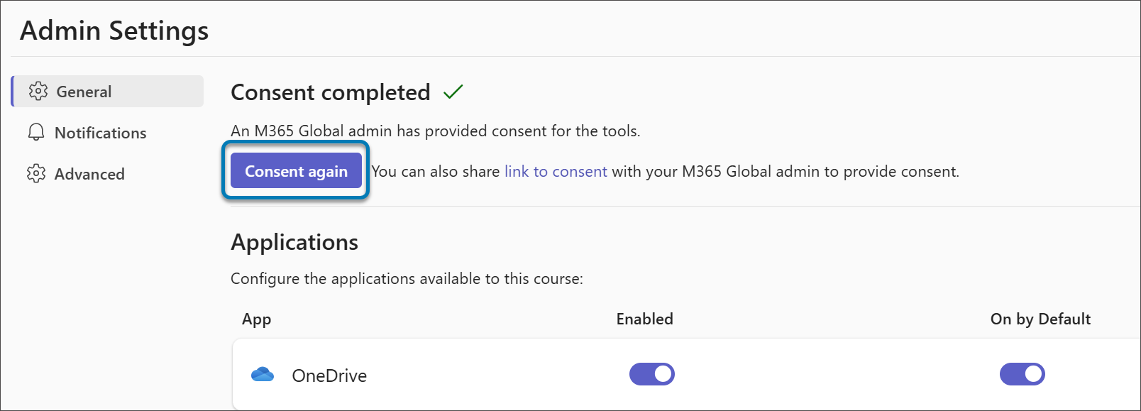 Page des paramètres d'administration pour Microsoft Education LTI.
