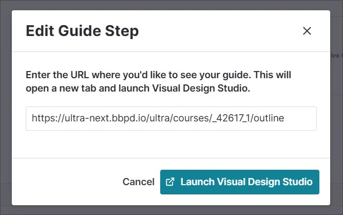 Le modal Modifier l'étape du guide comprenant un bouton intitulé Lancer Visual Design Studio