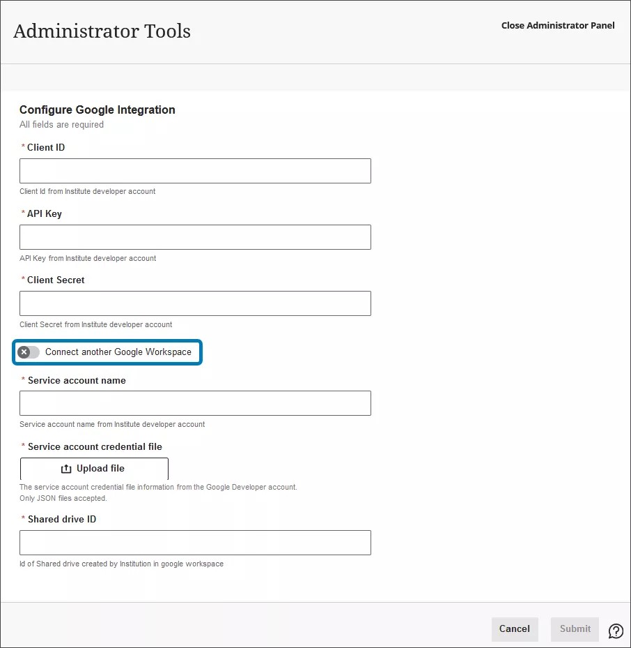 Page Google Integration affichant les champs requis pour terminer l'intégration, avec le bouton Connecter un autre Google Workspace mis en surbrillance