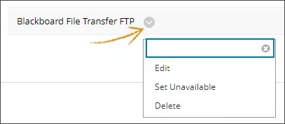 블랙보드 파일 전송 FTP 위치에 대한 확장 메뉴, 편집, 사용 중지, 삭제 옵션을 표시합니다.