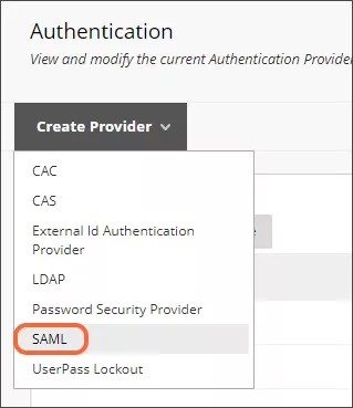Het Create Provider-menu breidde uit met CAC, CAS, External Id Authentication Provider, LDAP, Password Security Provider, SAML en UserPass Lockout. SAML is oranje gemarkeerd.