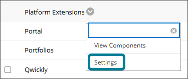 Het menu Platform Extensions werd vergroot en toonde Weergavecomponenten en Instellingen, met Instellingen blauw gemarkeerd