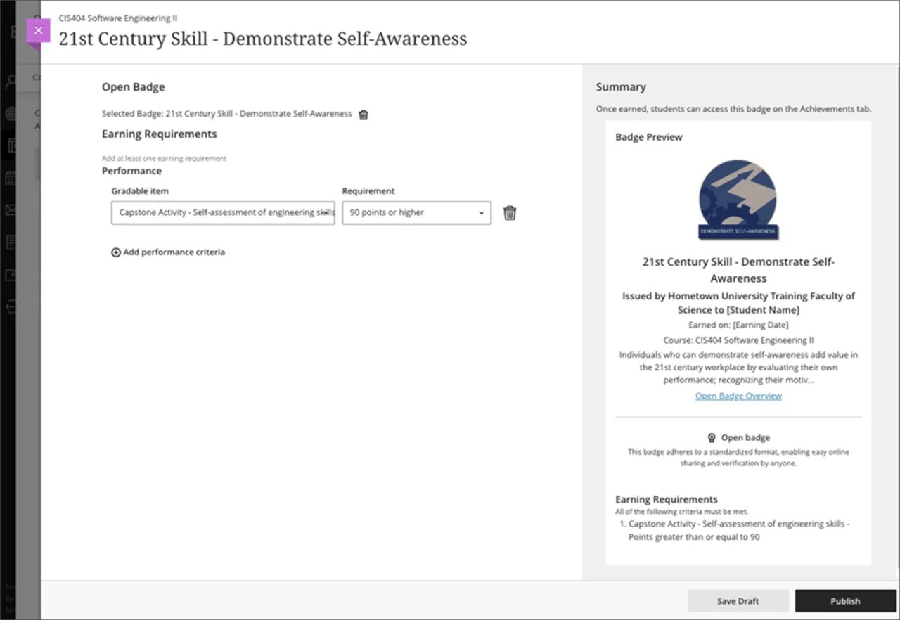 Er wordt een mijlpaalbadge weergegeven met de naam "21st Century Skill - Demonstreer zelfbewustzijn" met informatie over die badge.