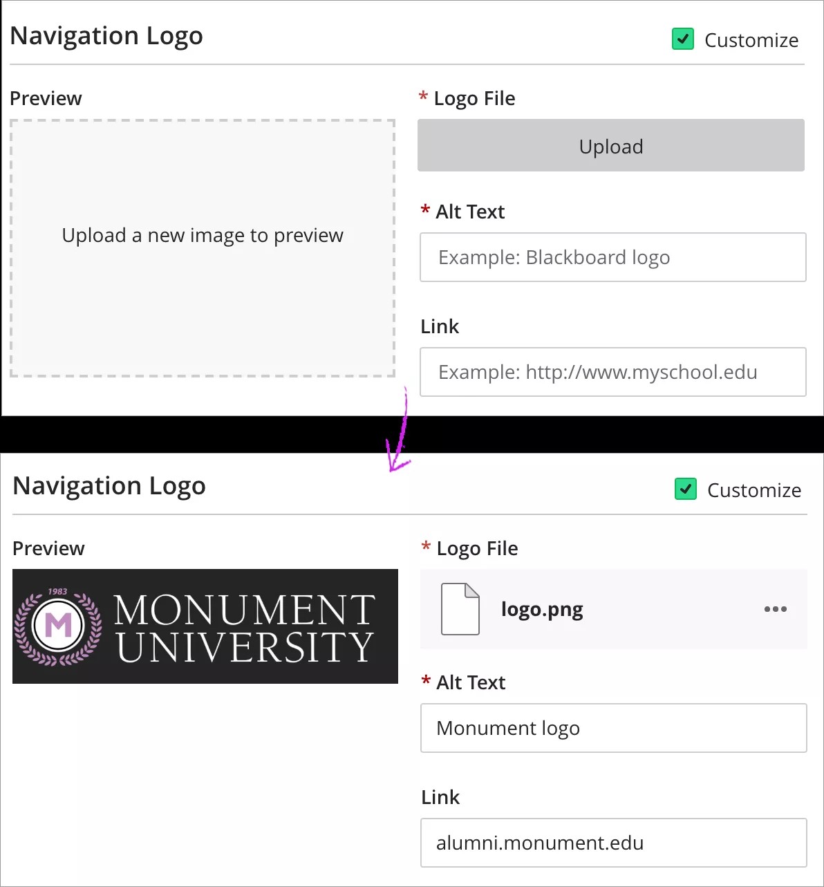 Pagina om het navigatielogo te uploaden en te bewerken