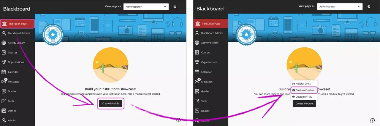 Blackboard Learn wordt geopend met 1) de knop 'Instelling' geselecteerd en gemarkeerd, 2) de optie 'Module maken' geselecteerd en gemarkeerd, en 3) de optie 'Aangepaste inhoud' geselecteerd en gemarkeerd.