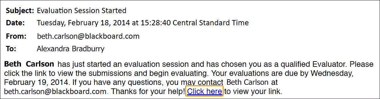 Een e-mail met als onderwerp 'Evaluatiesessie gestart'. In de e-mail is de tekst "Klik hier" oranje gemarkeerd om aan te geven op welke link beoordelaars moeten klikken.