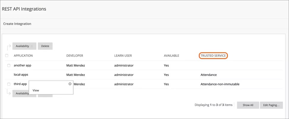 A tela de integrações da API REST com a coluna SERVIÇO CONFIÁVEL fica destacada em laranja. O menu do aplicativos locais mostra apenas a opção de visualização.