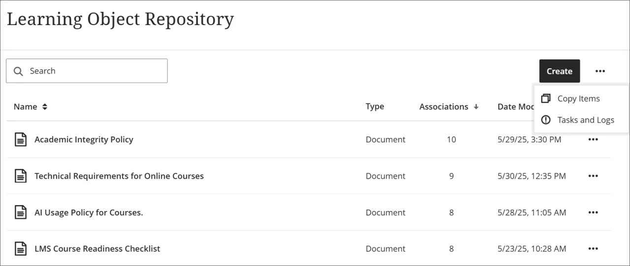 O Repositório de Objetos de Aprendizagem, com as opções de Criar, Pesquisar e Editar