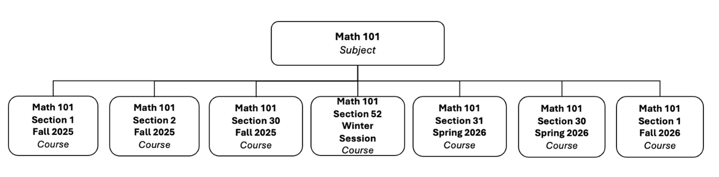 Fluxograma de disciplinas, com Math 101 na parte superior como disciplina e todos os cursos na parte inferior