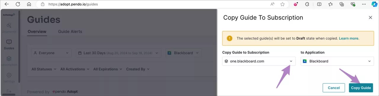 Copiar guia para o painel de subscrições