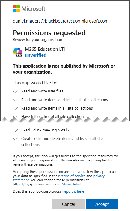 Caixa de diálogo de permissões LTI do Microsoft Education.