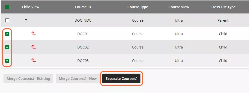 Lista de cursos selecionados. Existem botões de Fusão de Curso(s) - Existente, Mesclar(es) Curso(s) - Novo(s) e Cursos Separados na parte inferior. Curso(s) separado(s) são destacados em laranja.