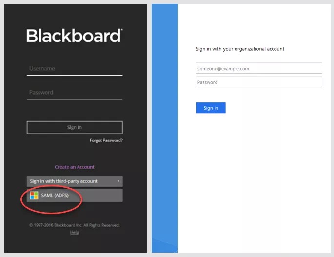 然后，在 Blackboard 登录页面中，ADFS IdP 已成功配置为 SAML 身份验证提供程序。
