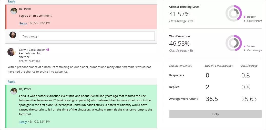 صورة لصفحة مناقشة تعرض تباينًا في الكلمات للطالب بنسبة 46.58% مقارنة بمتوسط الفصل الدراسي البالغ 48%