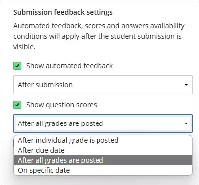 Optionen für die Einstellungen für Feedback zu Einreichungen, wobei die Option zum Anzeigen der Frageergebnisse nach der Veröffentlichung aller Bewertungen hervorgehoben ist