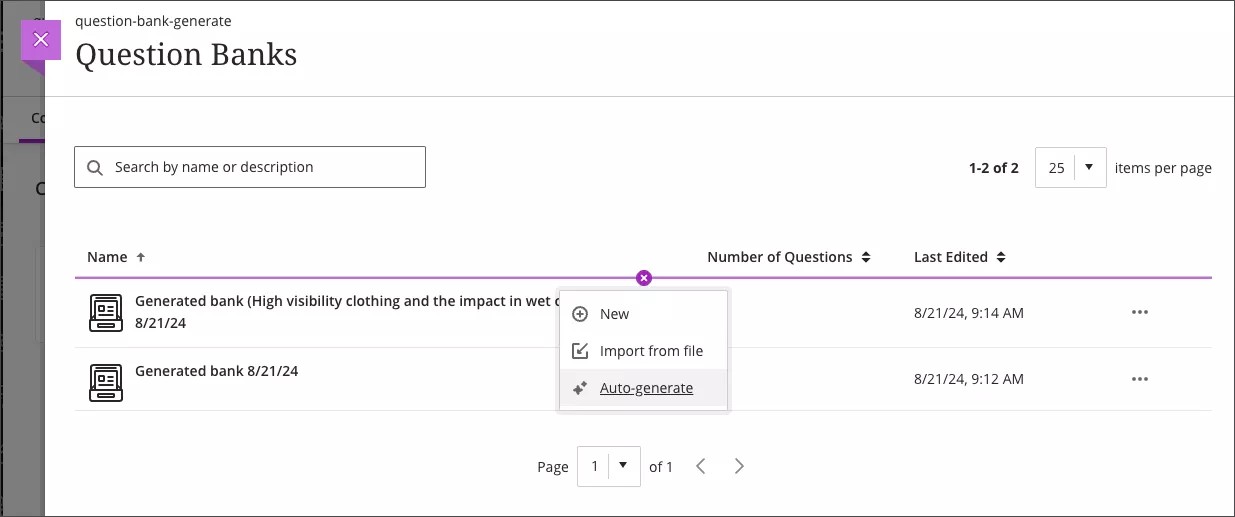 Dropdown-Menü auf der Seite „Fragendatenbank“, das die Option „Generieren“ anzeigt