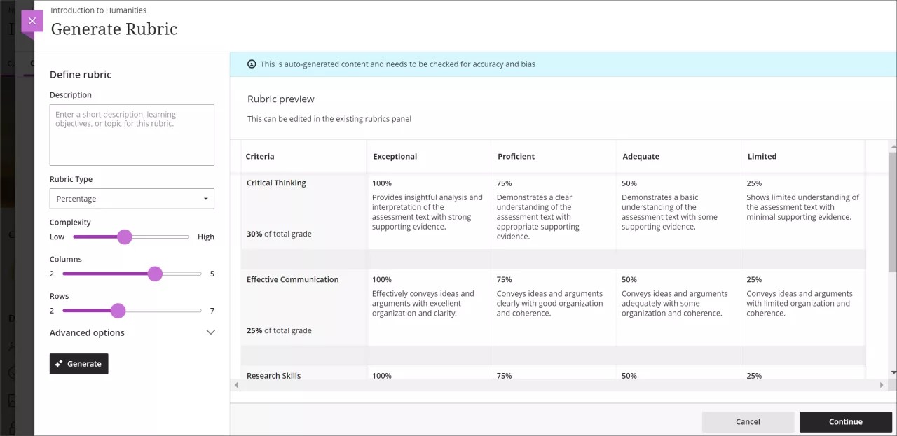 Automatisch generierte Rubrik mit Steuerelementen und Optionen auf der linken Seite