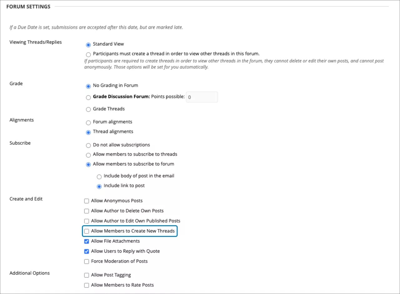 Seite mit den Forumseinstellungen im Administratorbereich. Mitgliedern erlauben, neue Threads zu erstellen, ist deaktiviert, was dazu führt, dass sie in der Ultra-Kursansicht in einen Ordner konvertiert werden. Alle Diskussionsfäden im Forum werden in Diskussionen konvertiert und im erstellten Ordner platziert.