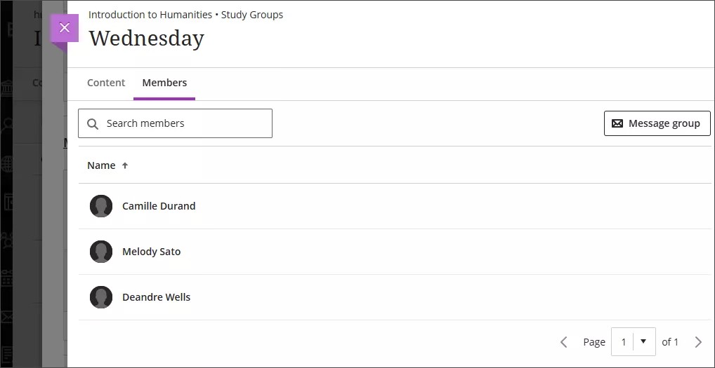 Registerkarte "Mitglieder" auf der Seite einer Gruppe mit 3 Mitgliedern