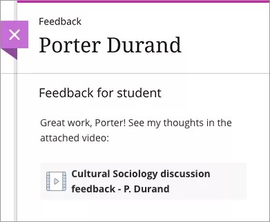 Teilnehmeransicht des Feedbackbereichs, in dem das schriftliche Feedback des Kursleiters für den Teilnehmer sowie eine Aufzeichnung des Feedbacks angezeigt werden, das der Kursleiter angehängt hat.