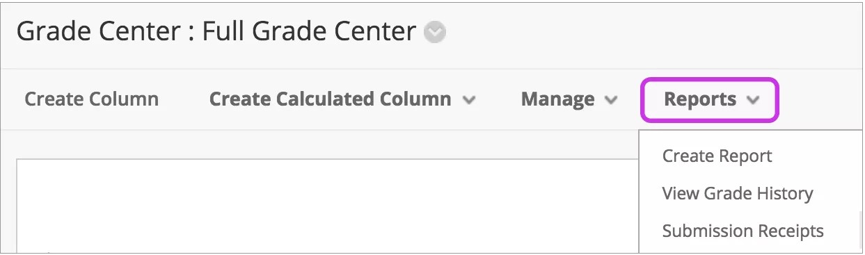 Bewertungscenter-Bildschirm mit Navigationsoptionen. Wenn Sie Berichte auswählen, öffnet eine Dropdown-Liste, in der Sie Bericht erstellen auswählen können
