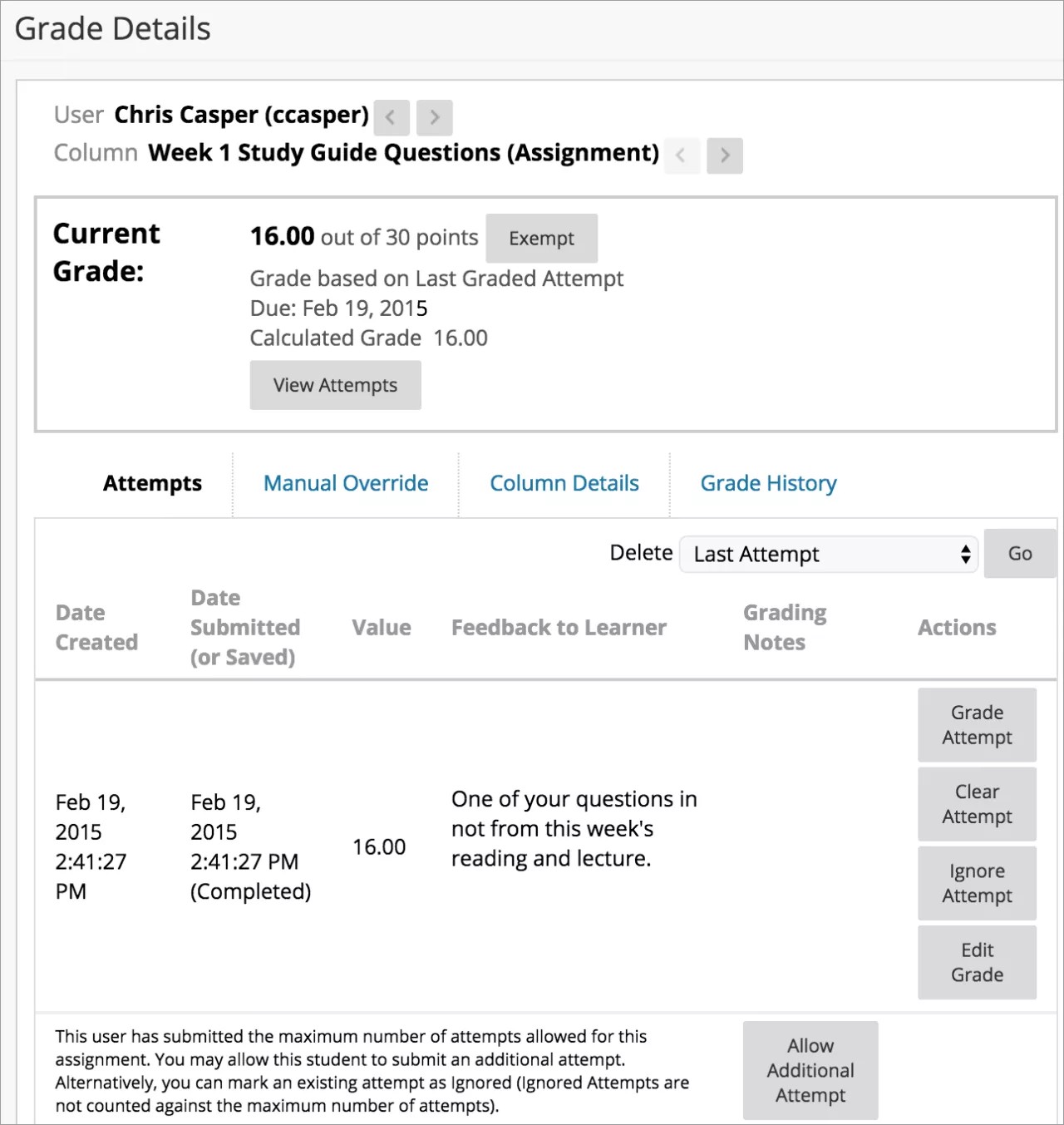 Bewertungsdetails-Seite zeigt den Nutzer, die Aufgabe, dessen Bewertung für die Aufgabe, Versuche und weitere Details