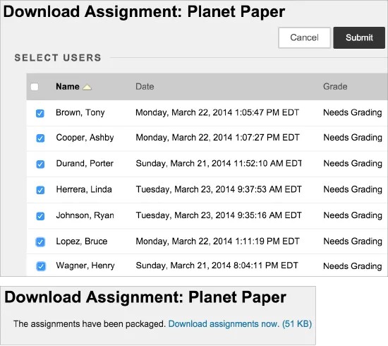 Die Download-Aufgabenseite für die Planet Paper-Aufgabe mit einer Liste der ausgewählten Teilnehmeraufgaben und den Buttons „Abbrechen‟ und „Einreichen‟ oben rechts. Unten befindet sich ein Feld mit der Aufschrift „Die Aufgaben wurden zusammengestellt.“ Laden Sie die Aufgaben jetzt herunter (51 KB)