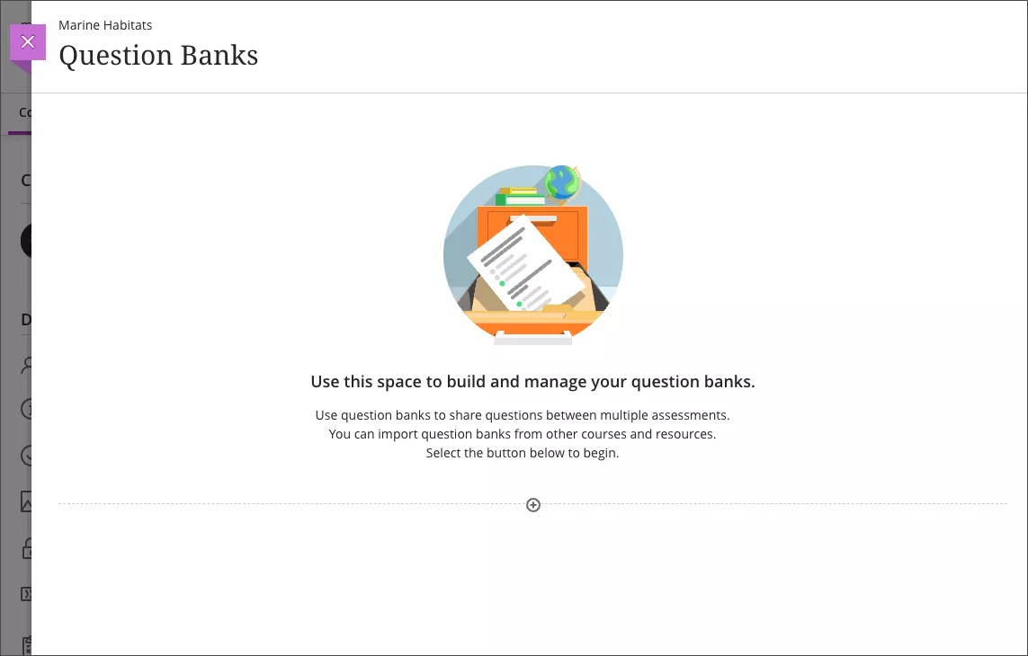 Panel de Bancos de preguntas cuando no hay ningún banco de preguntas, que solicita al usuario crear o importar un banco de preguntas