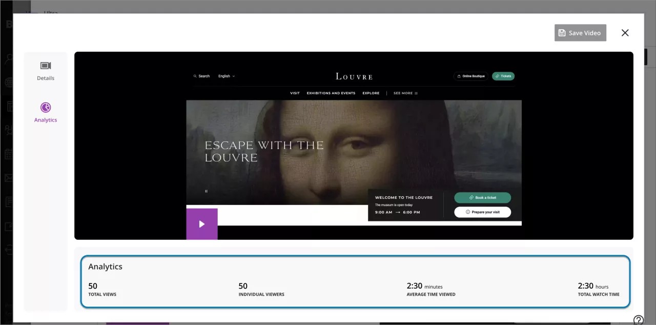 Pantalla de edición de una grabación de Video Studio con los análisis de participación del usuario debajo de la grabación. La pantalla muestra un vídeo sobre la Mona Lisa