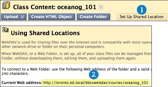 La página Uso de ubicaciones compartidas, con el botón Configurar ubicación compartida señalado con el número 1 y la dirección web actual señalada con el número 2.