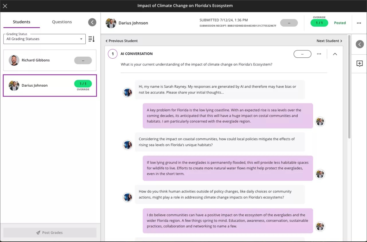 Página de calificación para una conversación de IA