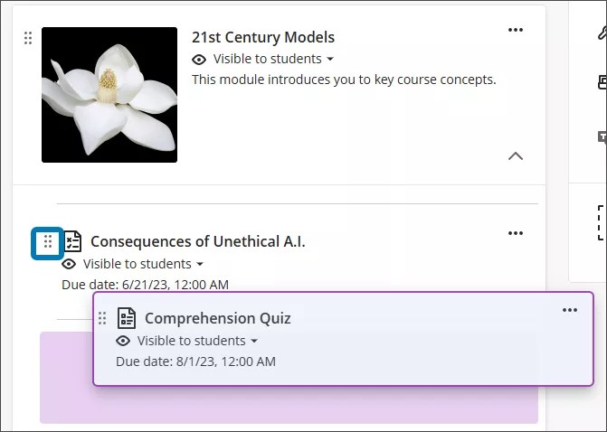 Una actividad que se arrastra a una posición diferente en el módulo de aprendizaje
