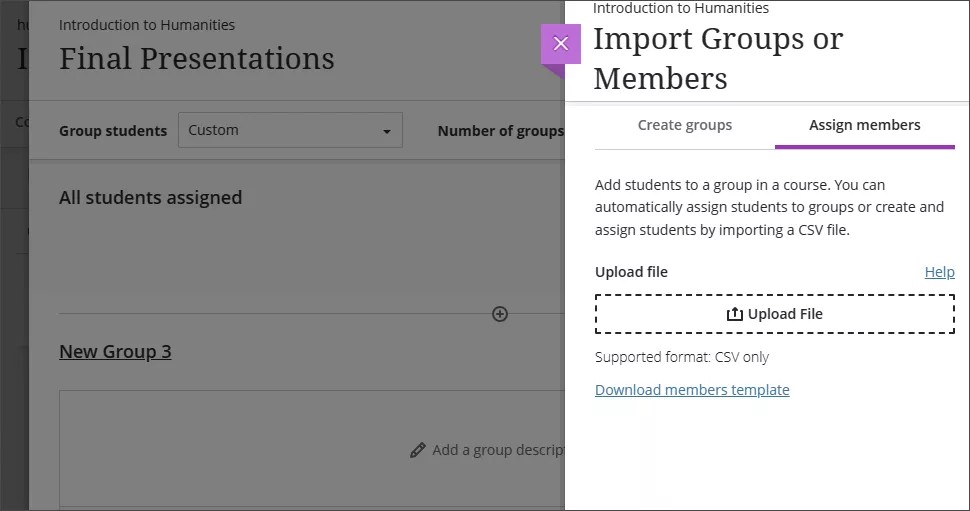 Vista Conjuntos de grupos en el curso de Blackboard con el panel Importar grupos o Miembros abierto. La pestaña Asignar miembros se abre en Importar grupos o en el panel Miembros.