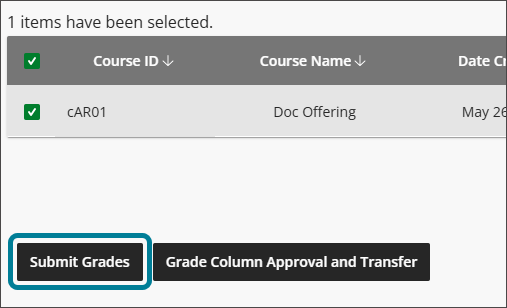 Se elige el curso Doc Offering. Hay botones Enviar calificaciones y Aprobación y transferencia de columna de calificaciones en la parte inferior, y Enviar calificaciones está resaltado en azul.