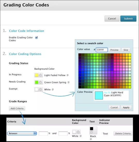 Pantalla Códigos de color de gradación, donde se configuran los colores de gradación.