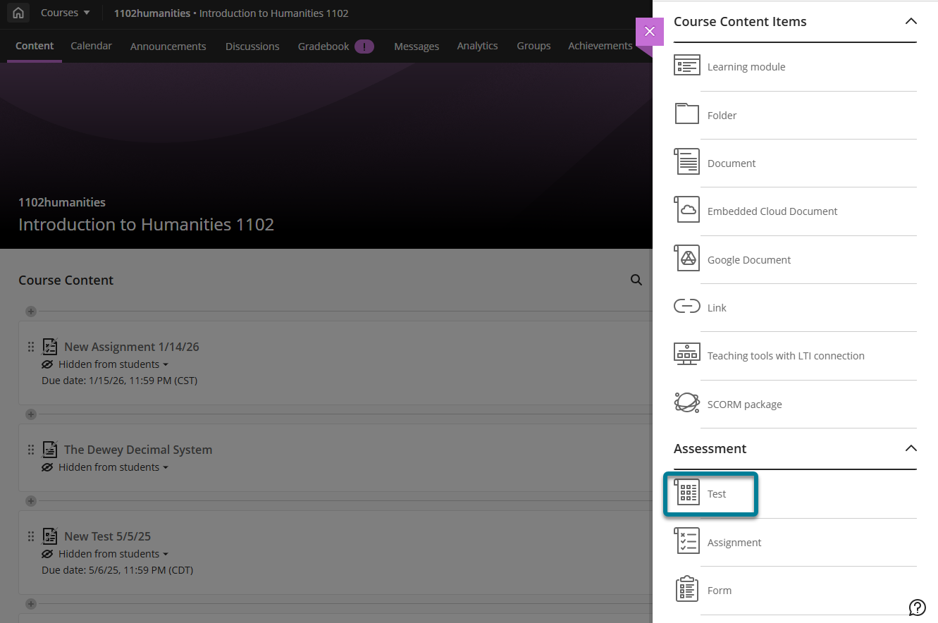 En el panel lateral Elementos de contenido del curso, el usuario debe seleccionar el signo más y, a continuación, Crear para abrir este panel y seleccionar el tipo de contenido que desea añadir