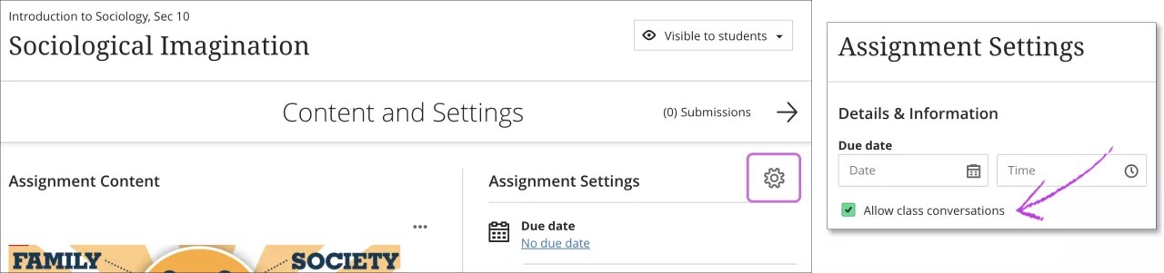 Se abrió el panel Configuración de actividades. En la configuración, la casilla de verificación es Permitir conversaciones de clase, lo que permite a los estudiantes mensajes de clase dentro de la actividad.