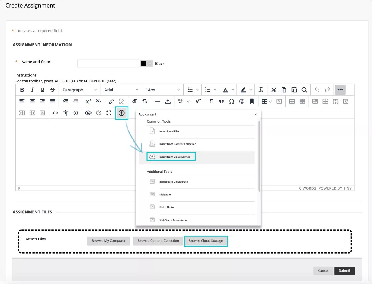 Seleccione el signo más para agregar archivos al editor de contenido.