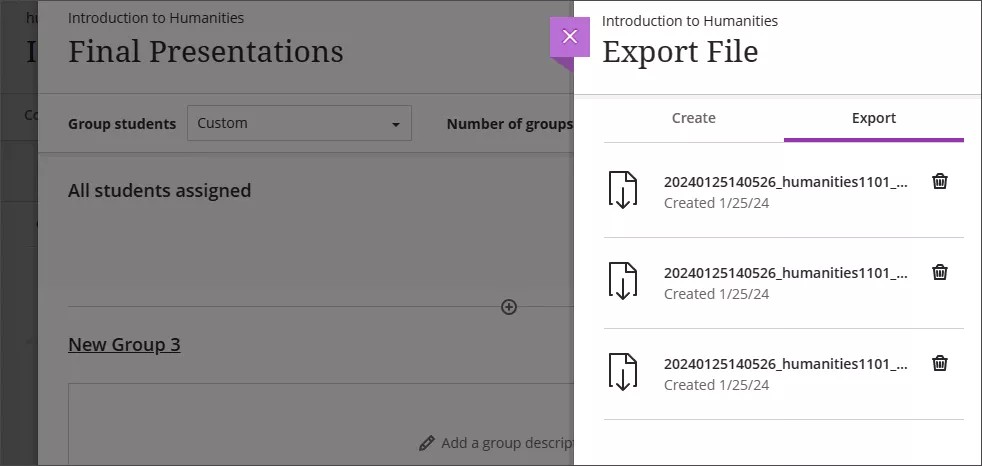 Página Agrupar conjuntos con el panel Exportar archivo abierto.