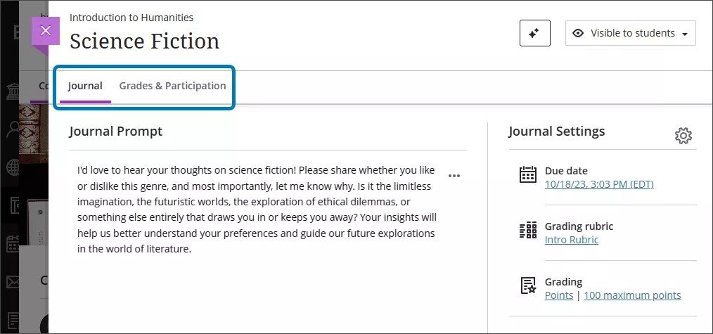 Una actividad de diario abierta que muestra la solicitud del diario y el panel lateral Configuración del diario.