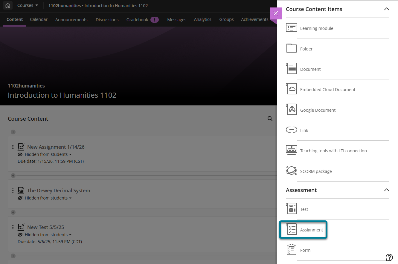 En el panel lateral Elementos de contenido del curso, el usuario debe seleccionar el signo más y, a continuación, Crear para abrir este panel y seleccionar el tipo de contenido que desea añadir