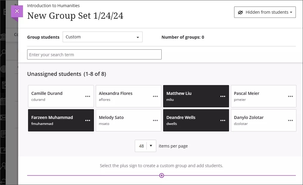 Un grupo personalizado que se está configurando en la página Conjunto de grupos.