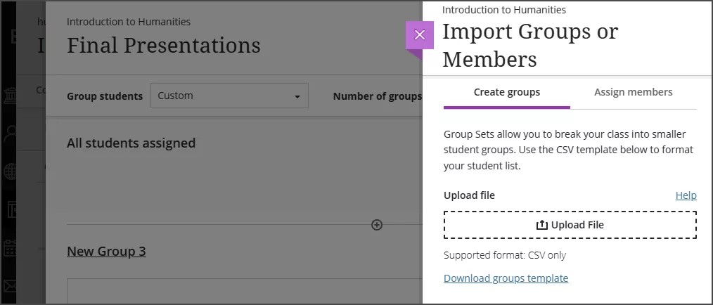 Vista Conjuntos de grupos en el curso de Blackboard con el panel Importar grupos o Miembros abierto.