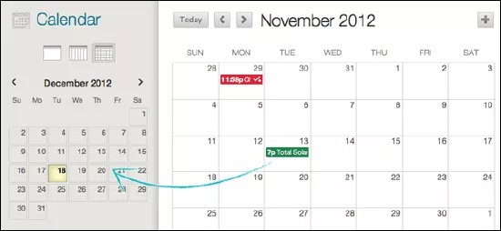 Calendario que muestra un evento arrastrado desde el panel principal de noviembre de 2012 a la derecha al pequeño panel de diciembre de 2012 a la izquierda.