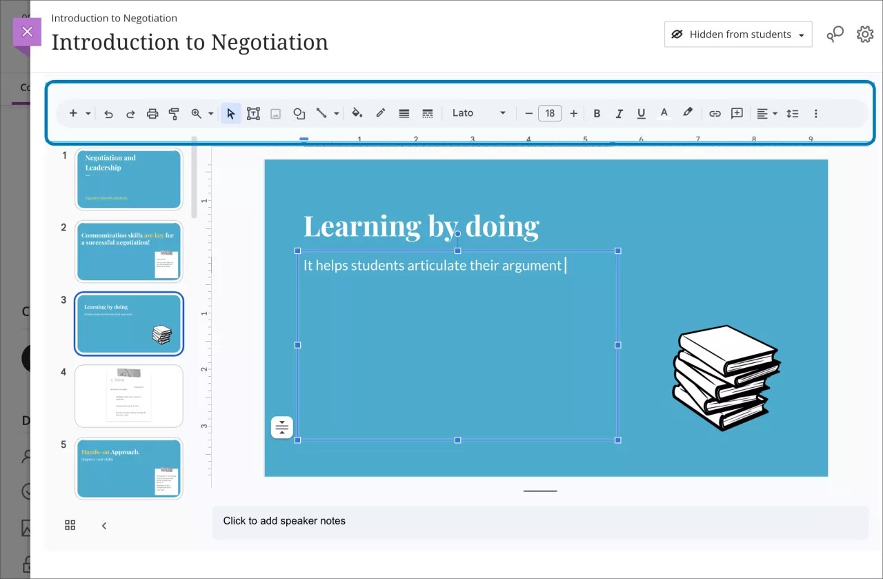 Imagen de una hoja de cálculo de Google incrustada en Learn. La cinta para editar un documento está resaltada.