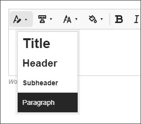 El editor de contenido con el menú de estilos expandido para mostrar Título, Encabezado, Subtítulo y Párrafo (seleccionado).