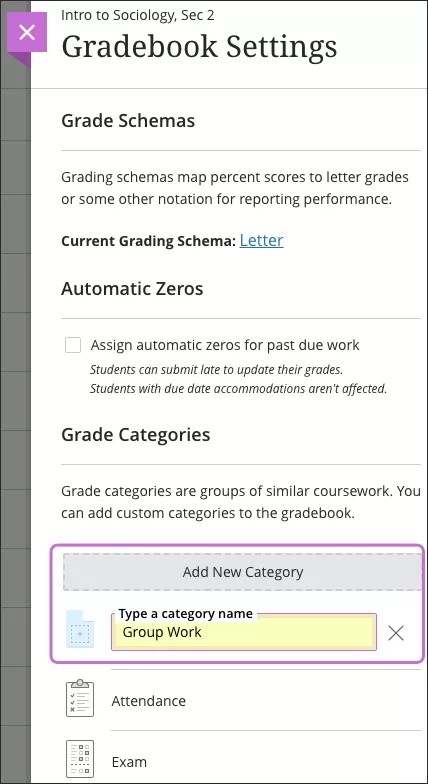 Botón Añadir nueva categoría en el panel de configuración del Libro de calificaciones.