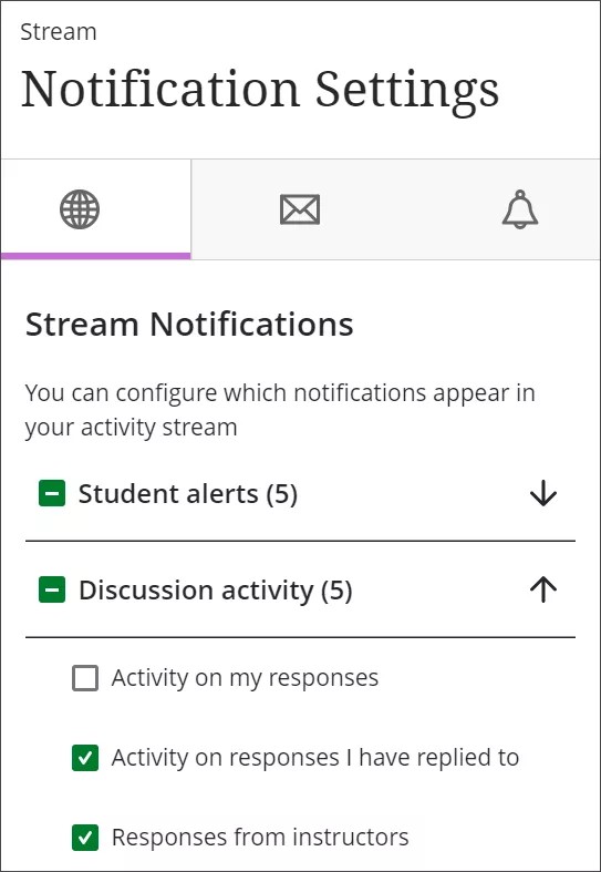 Panel Configuración de notificaciones, con las notificaciones de transmisión seleccionadas