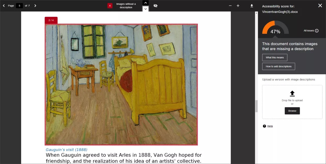 La puntuación de accesibilidad del archivo VincentvanGogh(3).docx, que muestra una puntuación de accesibilidad del 47 por ciento, se muestra como un indicador naranja y un mensaje que dice "Este documento contiene imágenes a las que les falta una descripción". Debajo del medidor hay botones que dicen "Qué significa esto" y "Cómo añadir descripciones", luego hay una opción para cargar una versión con descripciones de imágenes con la posibilidad de arrastrar un archivo para cargarlo o hacer clic en el botón Examinar.