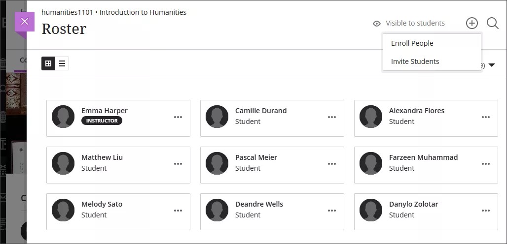 Panel de lista, con el menú desplegable en la parte superior derecha expandido para mostrar la opción Invitar a estudiantes